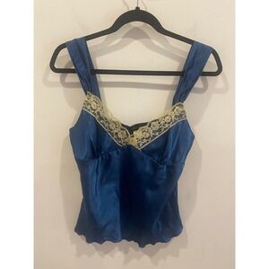 Ben Lynn Blue Satin Lace Trim Cami Top Tank Shirt Women's Size L